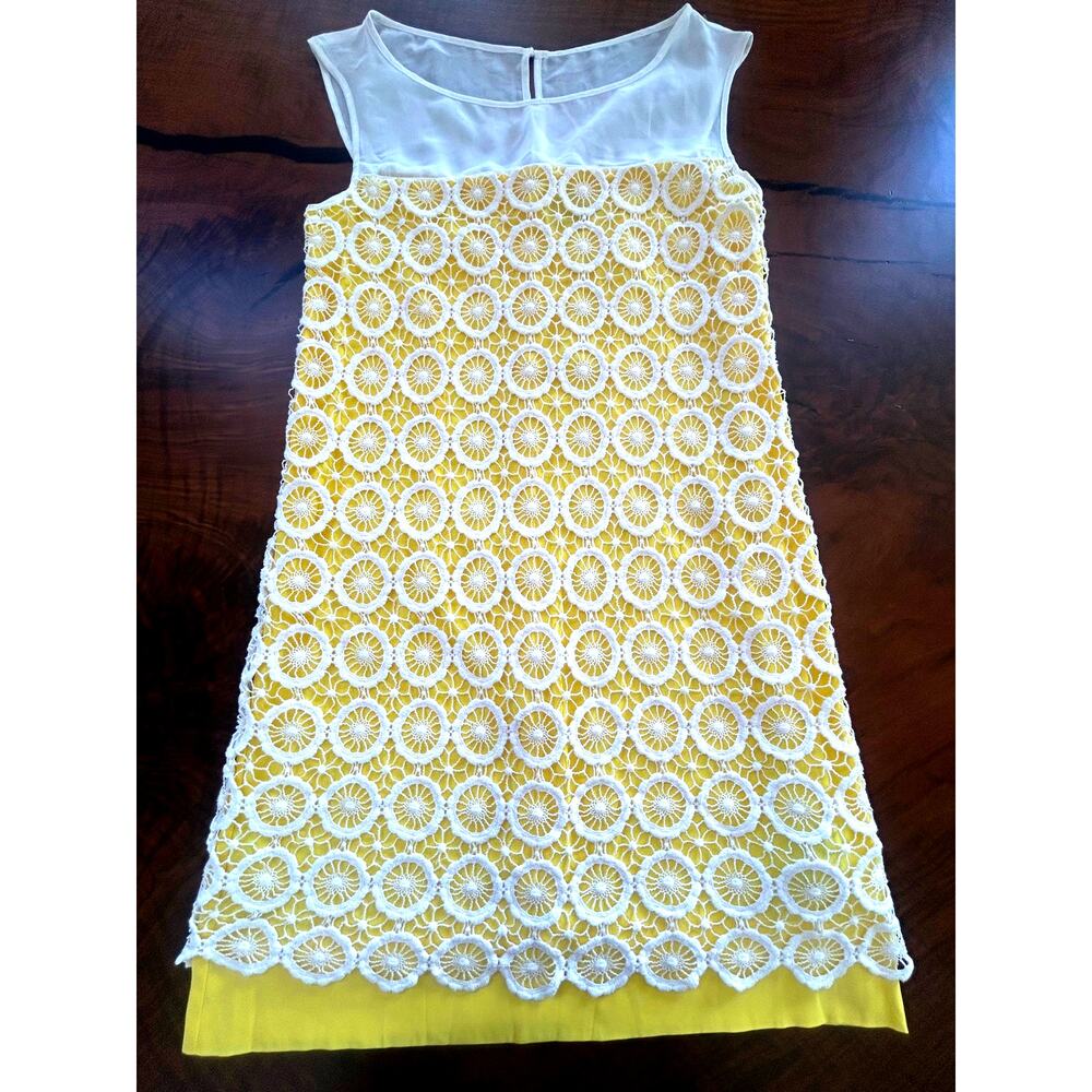Vince Camuto Lemon Yellow Crochet Lace Shift Dress 8 Summer Citrus